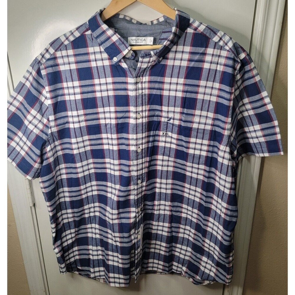 NAUTICA MEN'S 2XL BUTTON UP Short Sleeve shirt NWT classic fit Blue Plaid